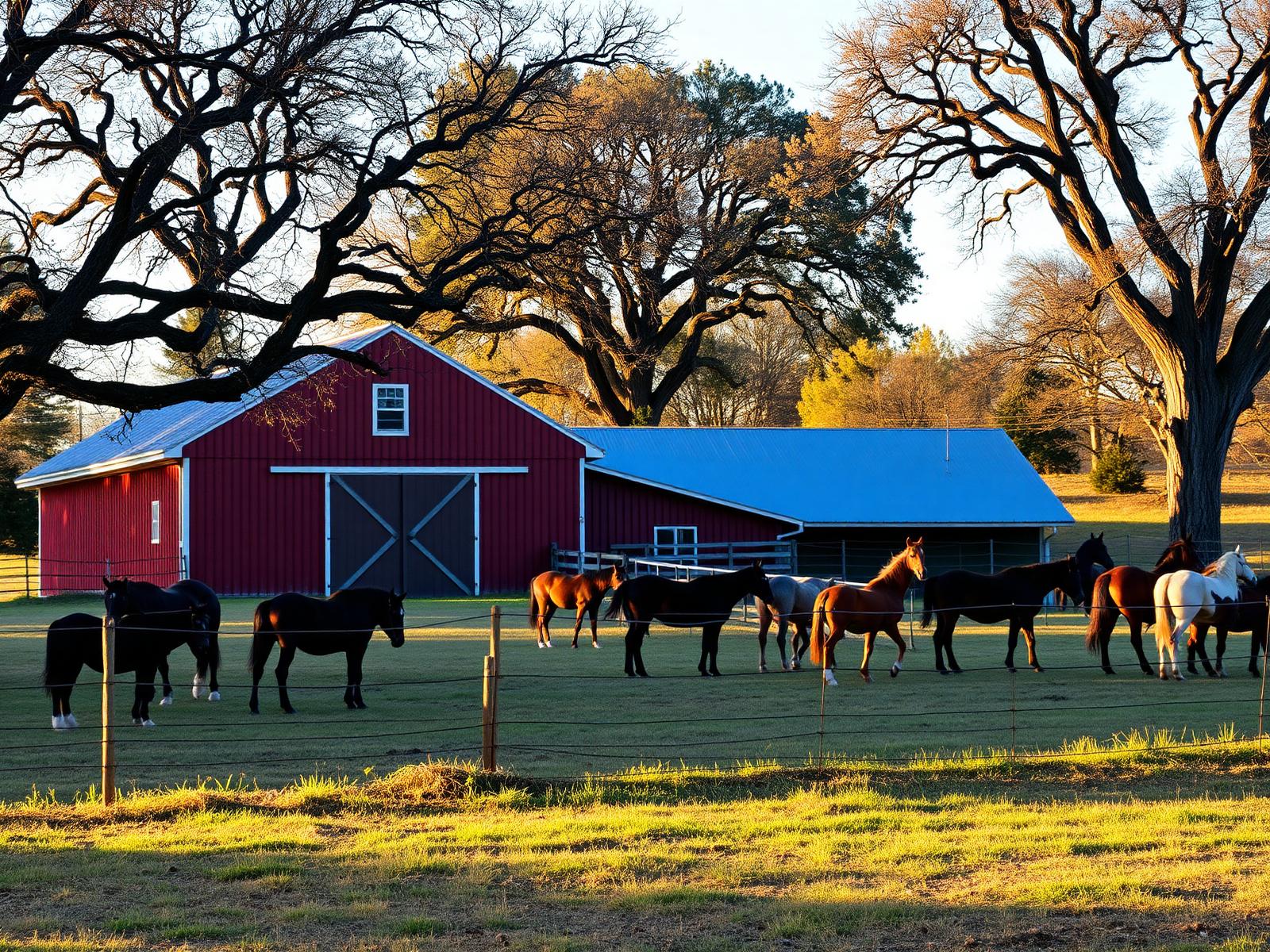 A family ranch with horses and oak trees in the Sierra Foothills